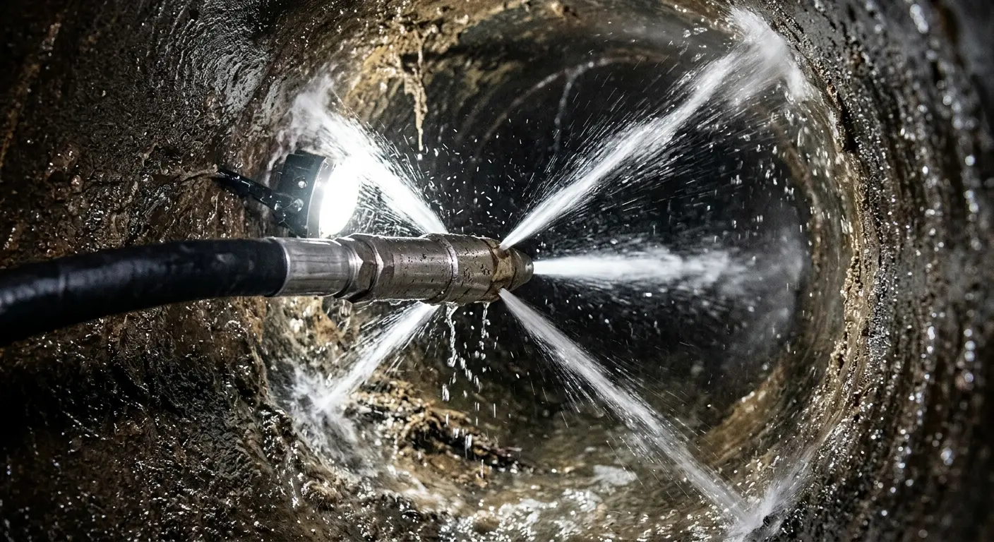 High-pressure hydro jetting nozzle cleaning sewer pipe for Sewer Cleanout in Brighton