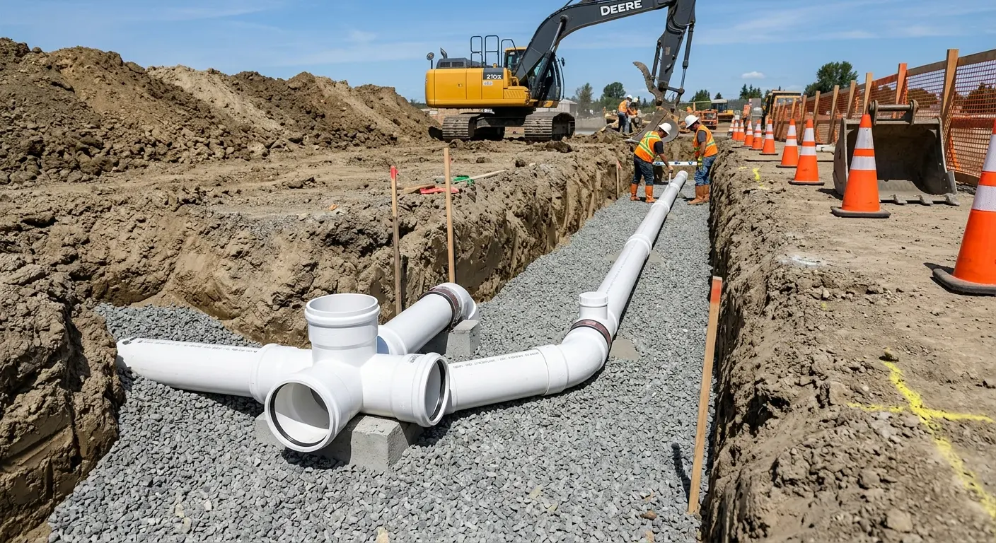 New PVC sewer pipe installation in open trench for Commercial Drain Cleaning in Brighton