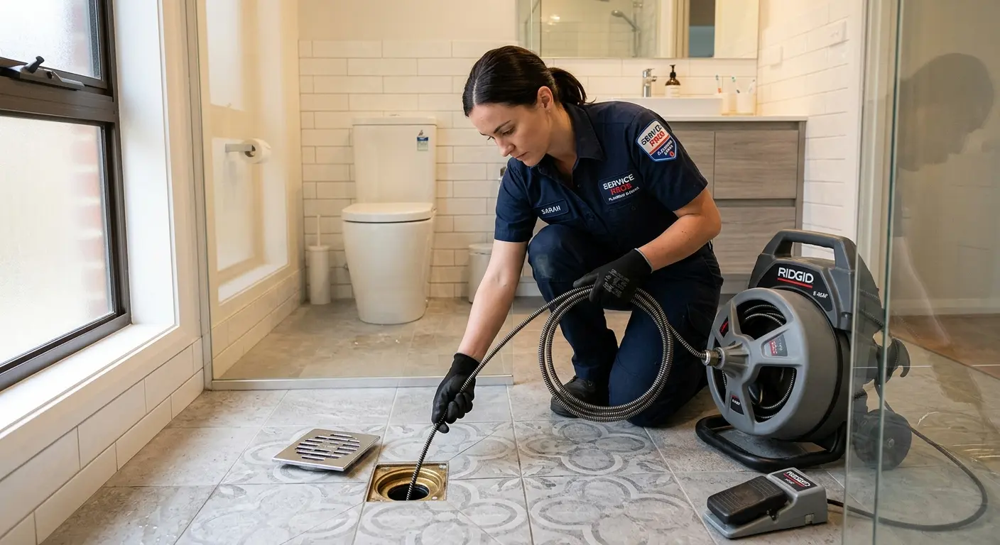 Technician clearing a bathroom floor drain for Clogged Drain Repair in Brighton